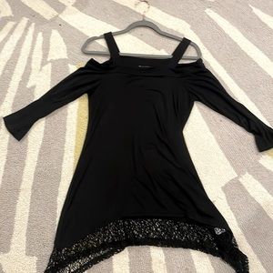 Neiman Marcus Cold Shoulder Black Tunic Top Lace Hem Size S